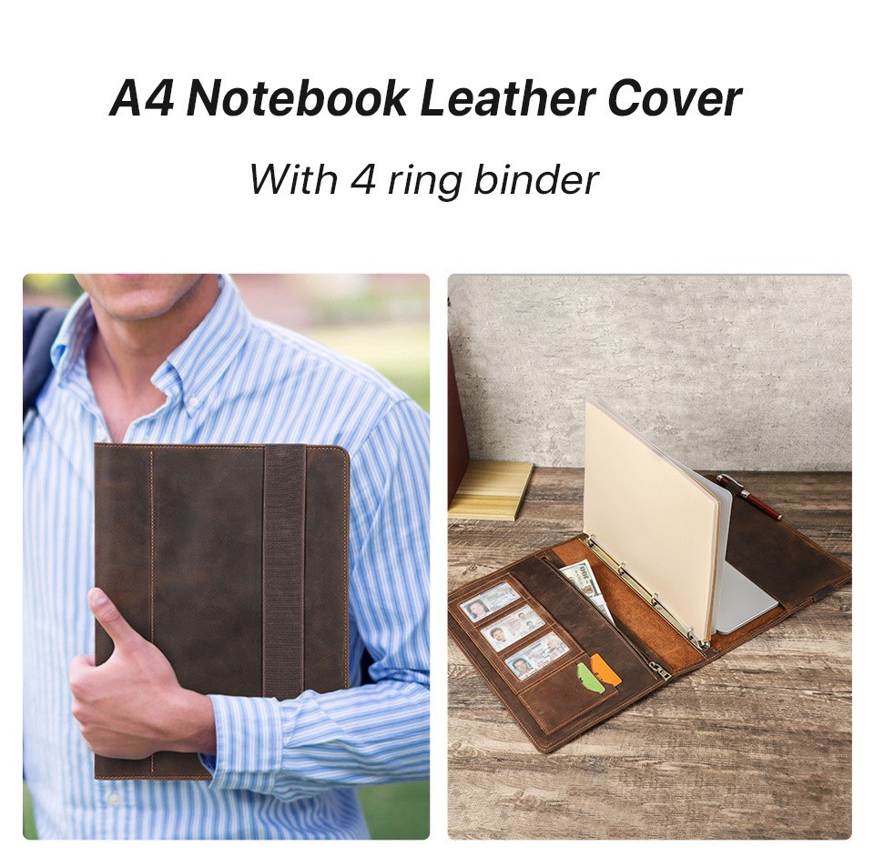 A4 Leather Portfolio 4 Ring Binder Business Notebook Organizer Document Case