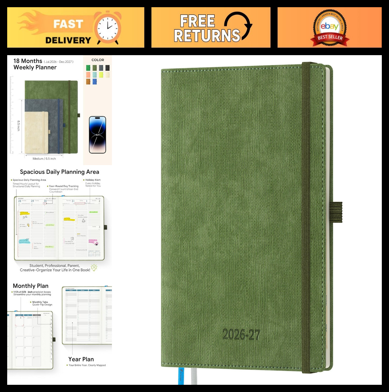 18-Month Weekly & Monthly Planner 2026-2027, 6.5″x8.5″, Vertical Layout, Pocket,