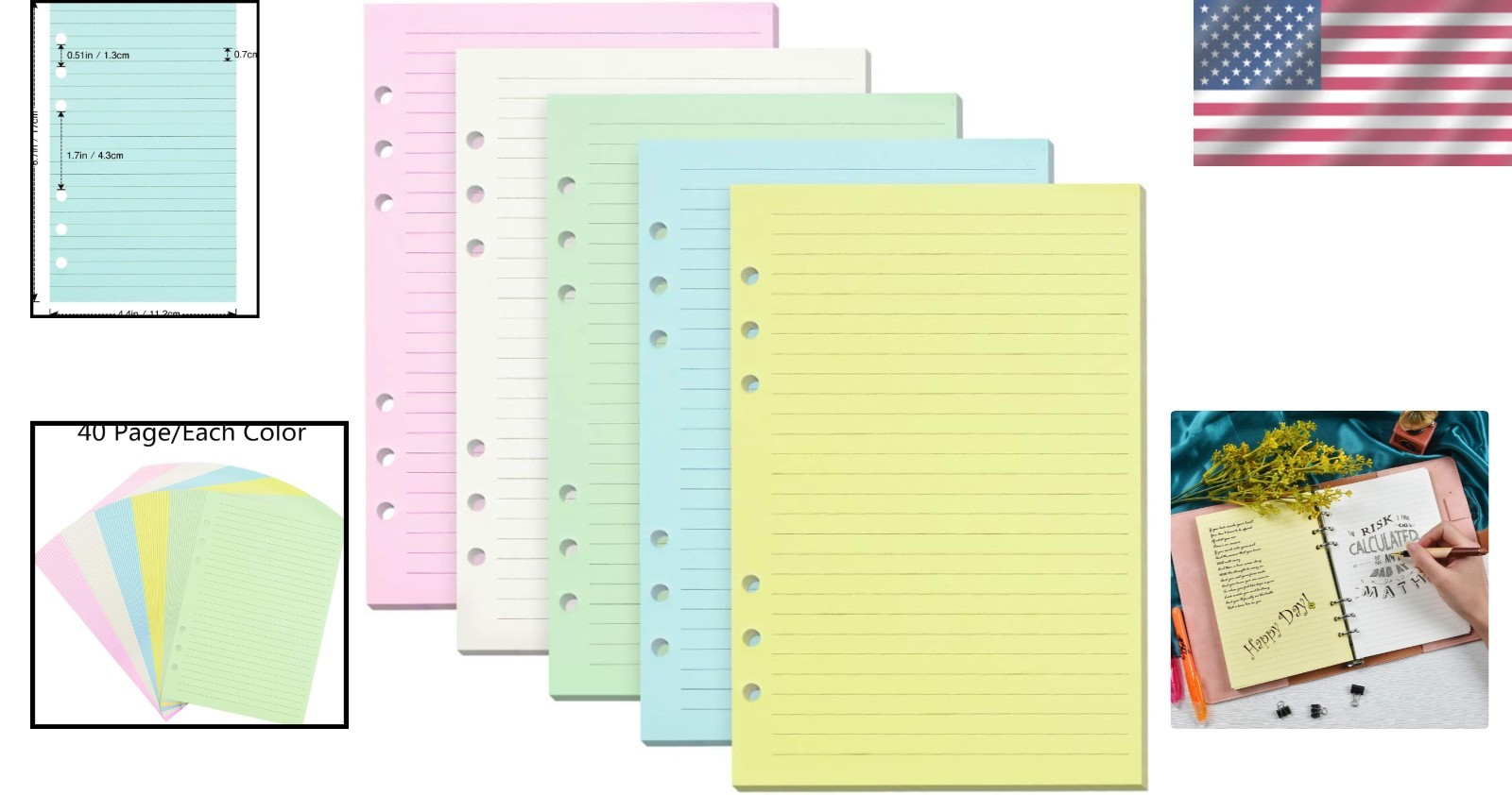 120 GSM Thick Lined Refill Paper: 200 Pages in 5 Pastel Colors for A6 Binders