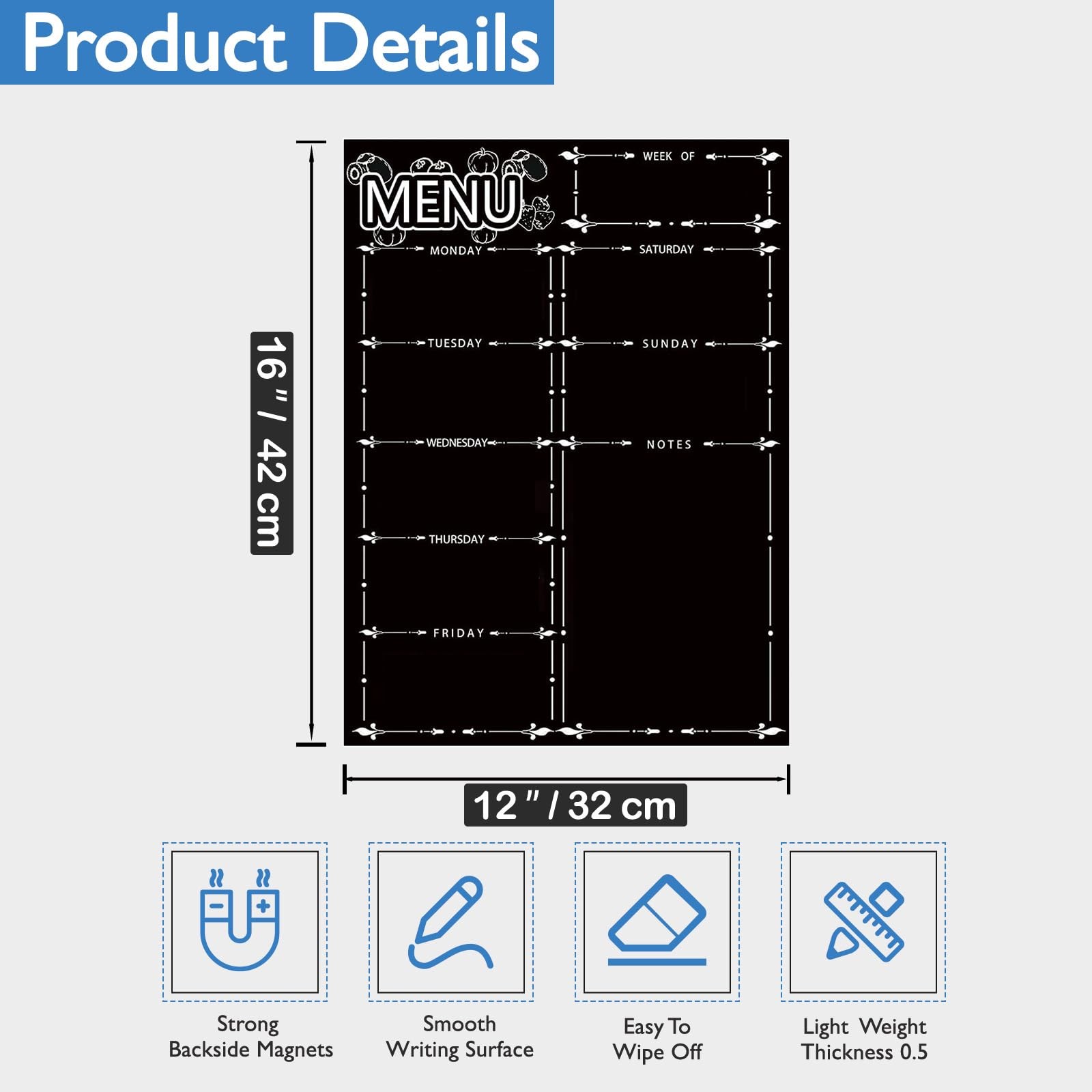 Magnetic Menu Board for Fridge, LiebHome Dry 42cm *30cm, Black – 8 Markers