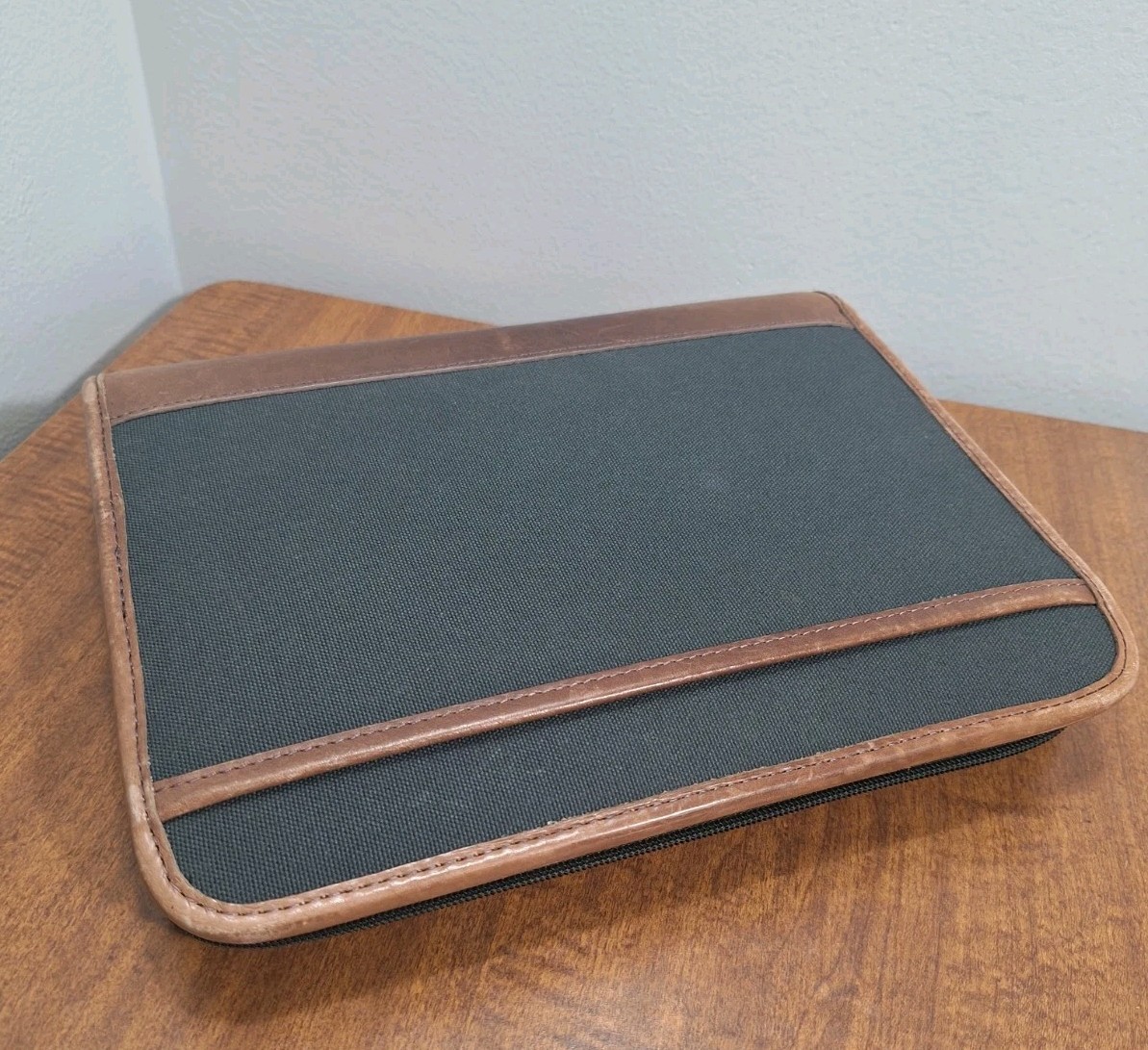 Vtg Franklin Covey Planner Dark Green Canvas Tan Leather Trim 8×10 Zip Closure