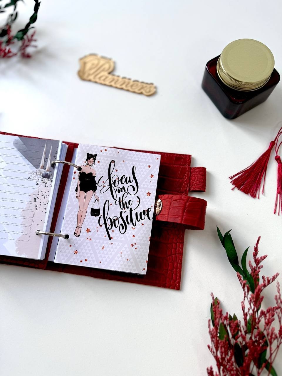 Mini red leather notebook-wallet cover A7 Big rings mini wallet. Mini Planner.