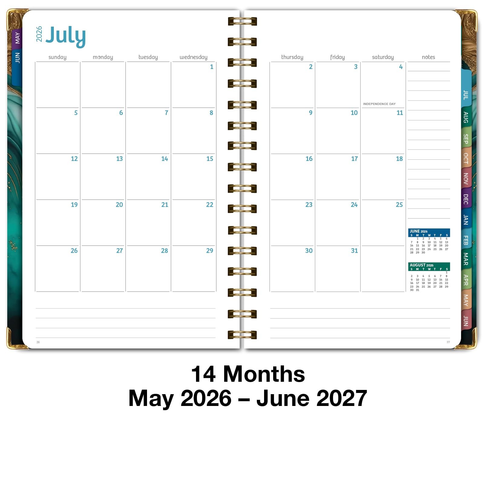 HARDCOVER Academic Year 2026-2027 Planner: 14 5.5″ x 8″, Teal Gold Marble