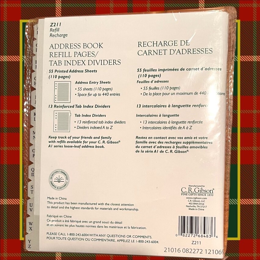 C.R. Gibson Address Book Refill Pages with Tab Index Dividers A1 (Z211) 3 Ring