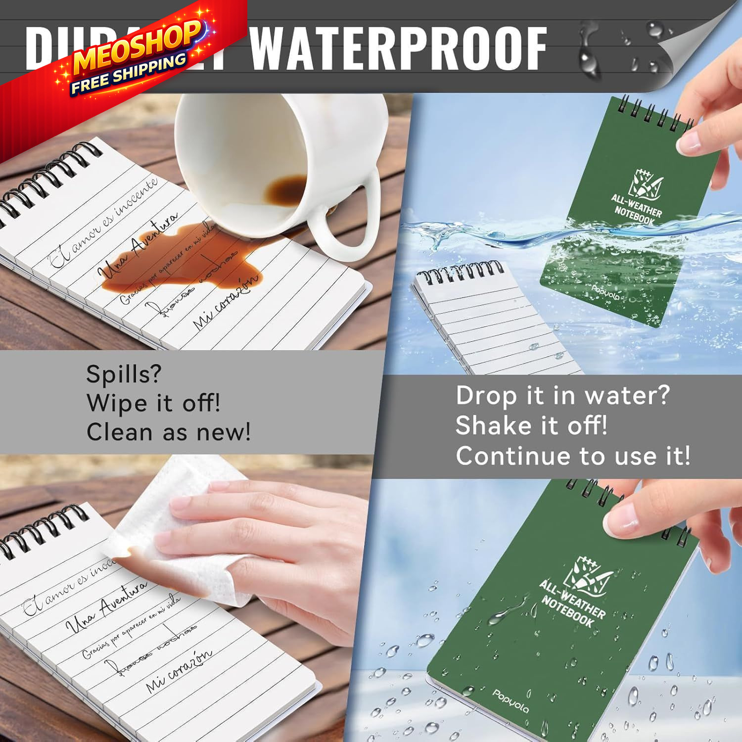 6 Pack Waterproof Notebook, 3″ x 5″ Top-Spiral Pocket Notepad 6 Pack, Rainbow