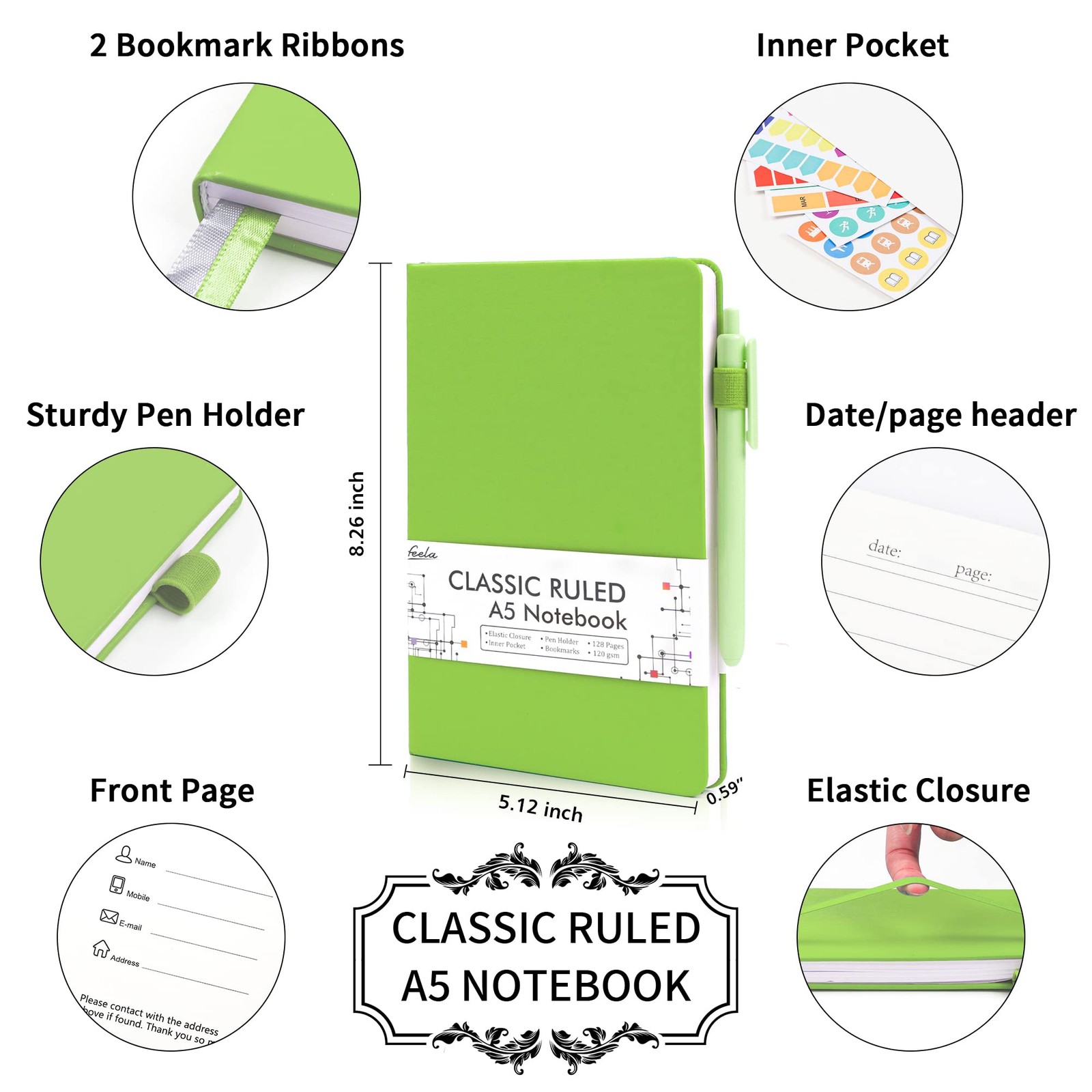 feela 5 Pack Journal Notebook Bulk for School, Hardcover Business Notebooks Clas