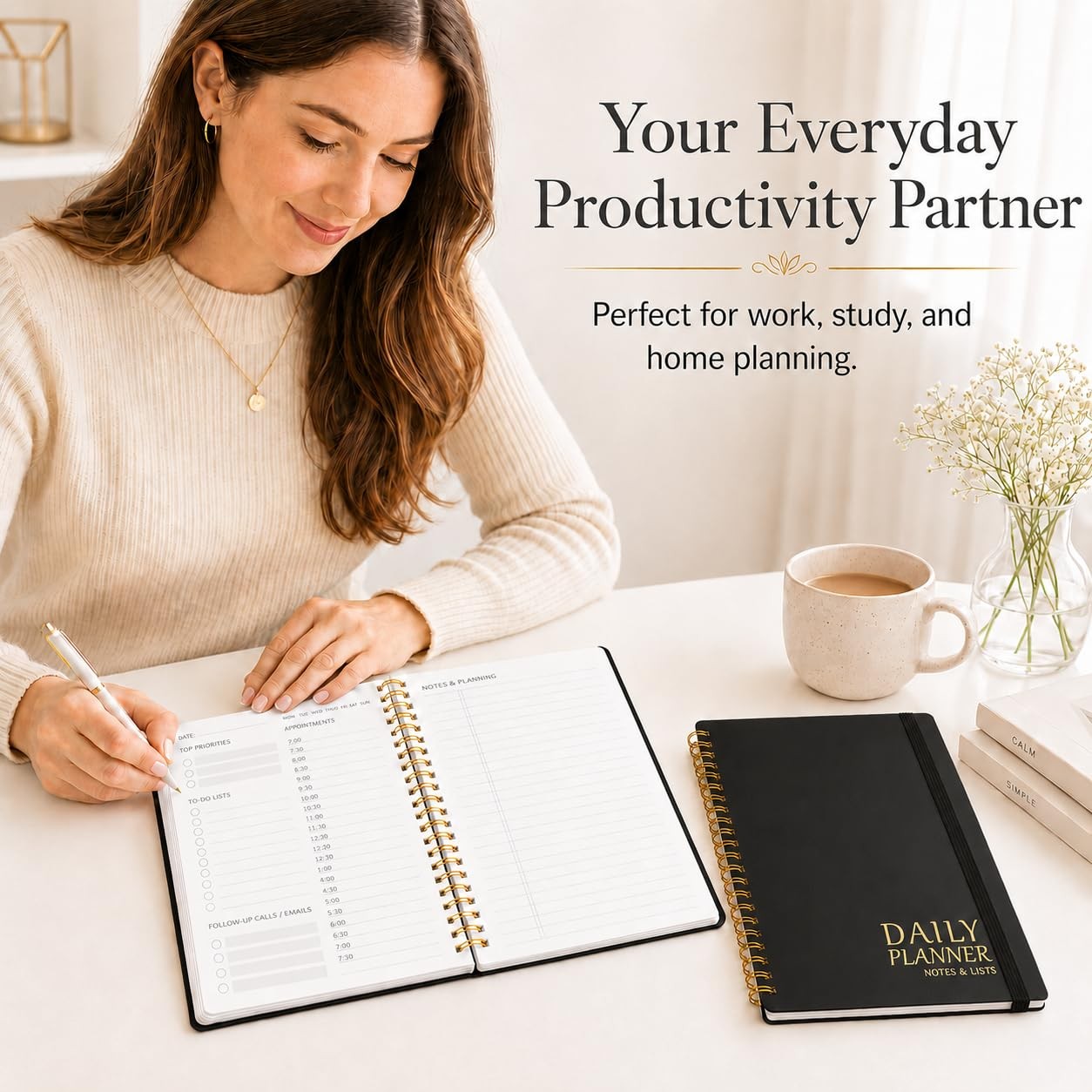 Daily Planner with Hourly Schedules – Undated To Do 5.5 x 8.5 inches, a.Black