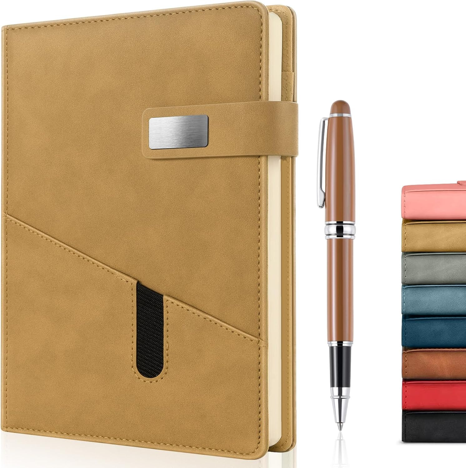 A5 Lined Leather Journal with Pen, 240 Pages Refillable Hardcover Notebook with