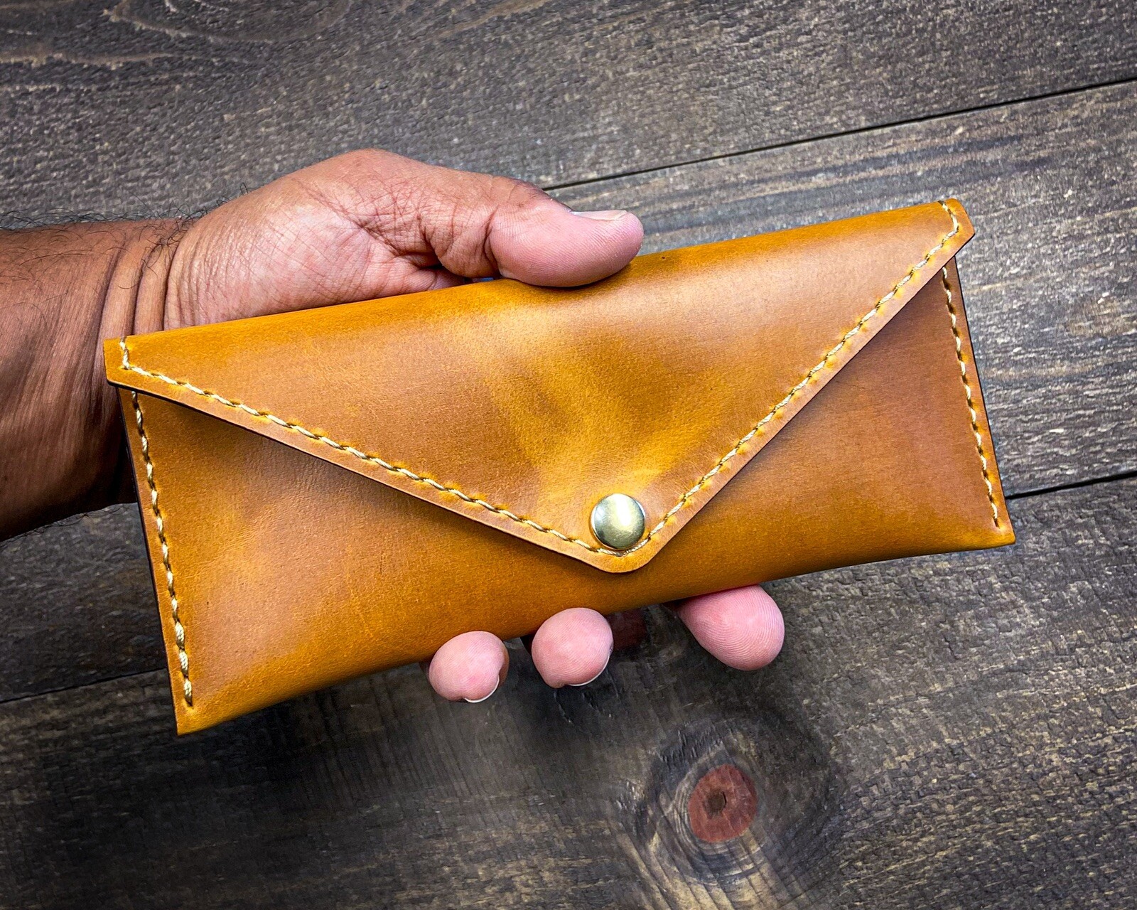 Leather cash envelope handmade Tinkerman Leatherworks Harvest Tan