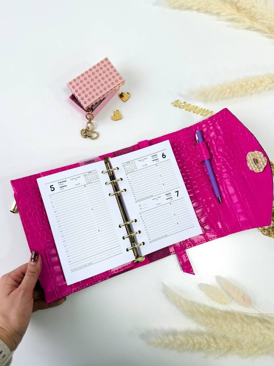 Pink A6 leather notebook cover-bag binder 6-Rings. Dated planner gift for her.