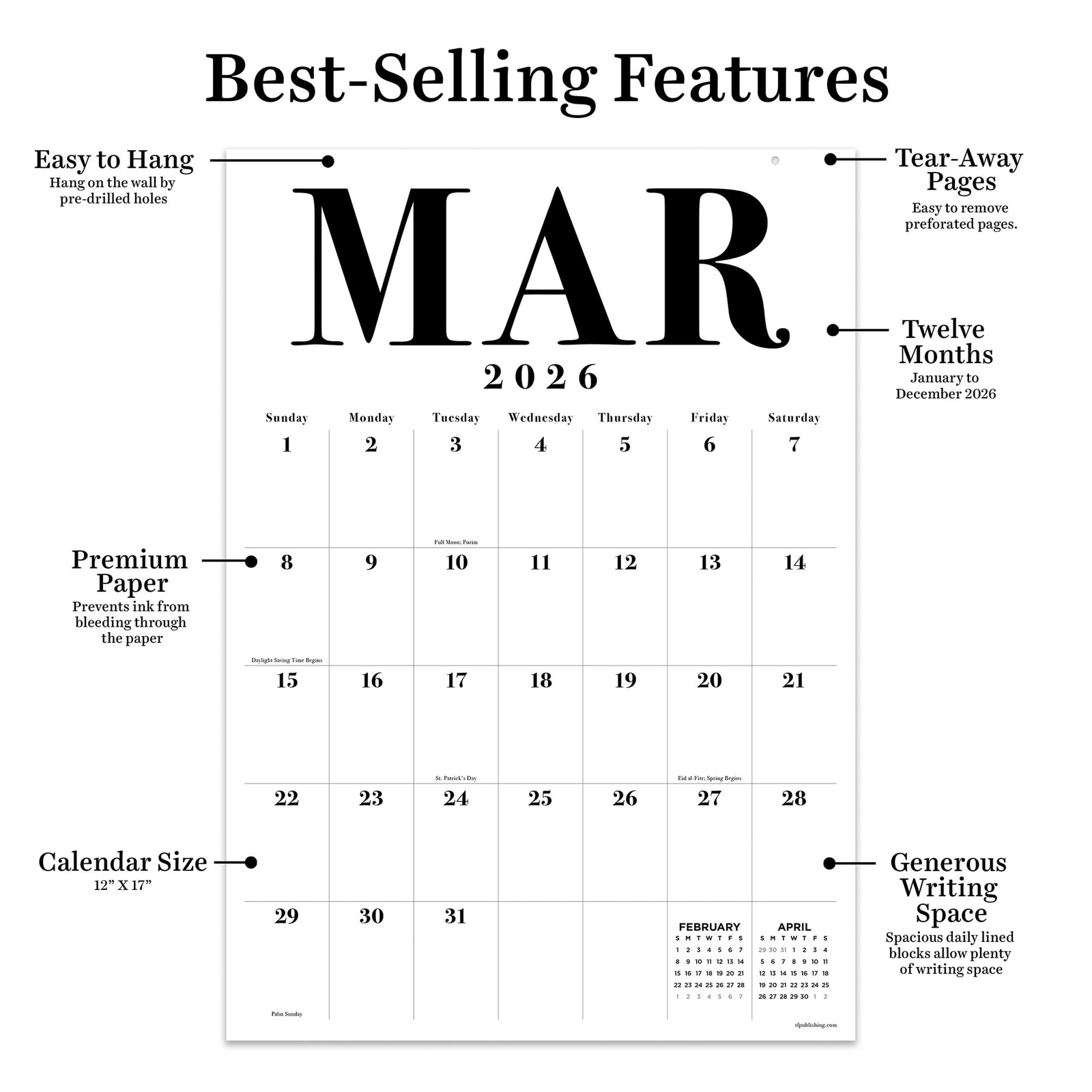 TF Publishing 2026 Medium Art Poster Wall Calendar – Vertical Wall, Black