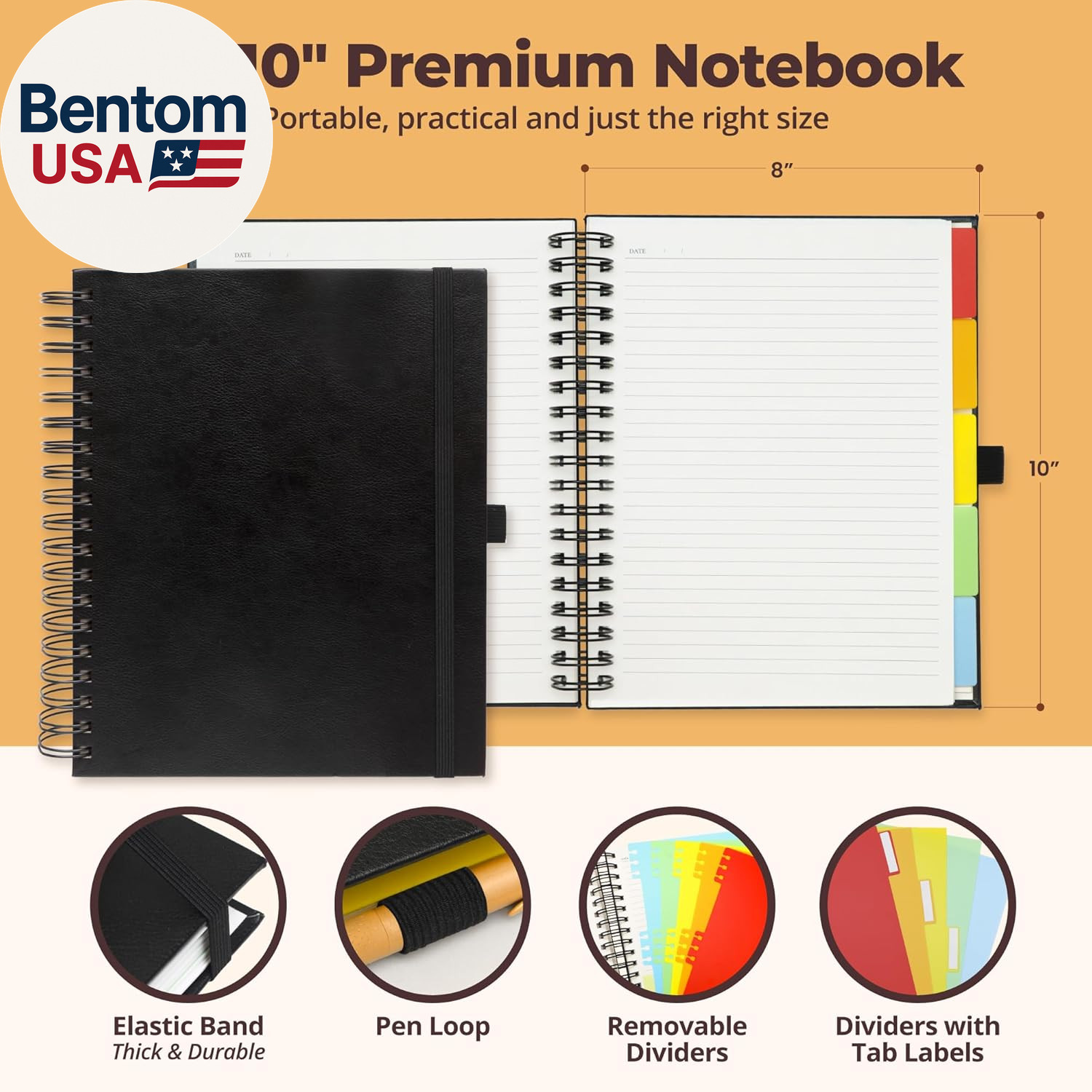 Hardcover Leather Lined Spiral Notebook 8X10″ with Removable Dividers – Black –
