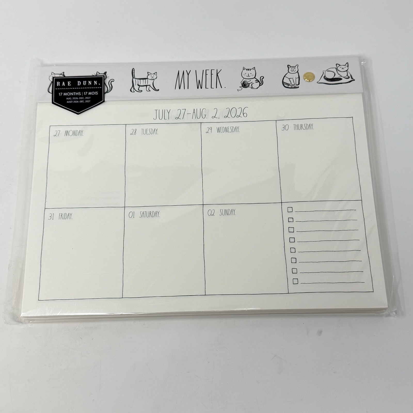 Rae Dunn My Week 17 Month Planner Aug 2026-Dec 2027 Cat Desk Weekly Organizer