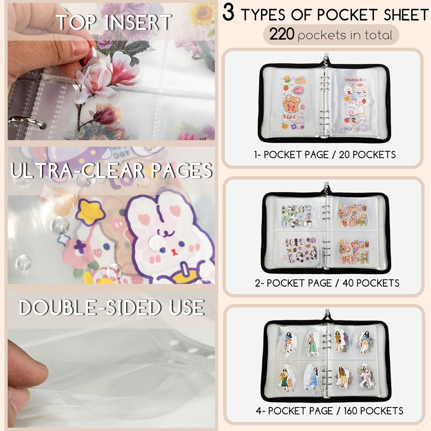5-in-1 Sticker Organizer Book Reusable A5 Storage Binder with 220 Pockets,10 Rel