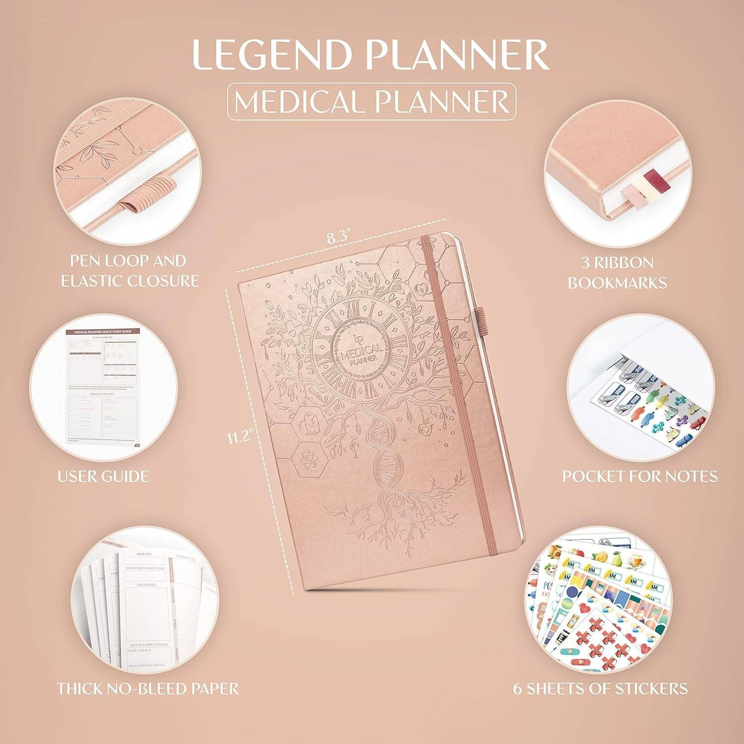 Legend Medical Planner 12-Month Health Tracker Journal Large (Rose Gold)