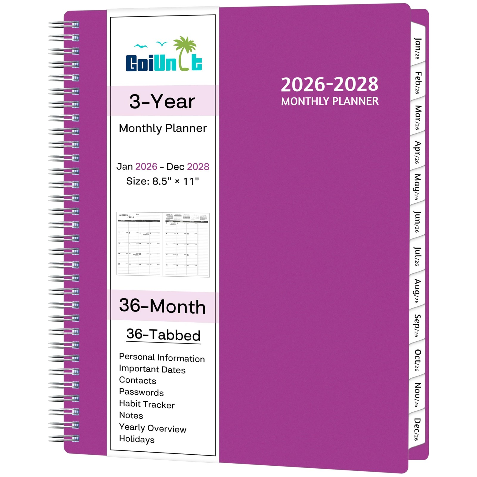 Monthly Planner 2026-2028, 36 Months Calendar Letter, Purple
