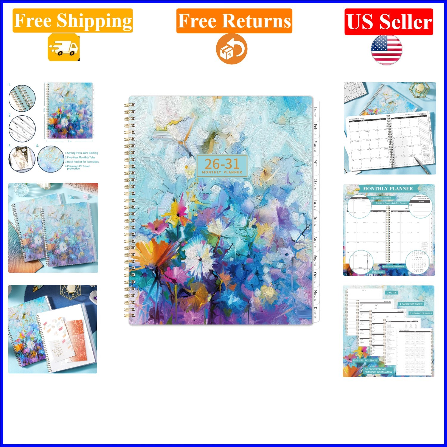 2026-2031 5- Monthly Planner, Waterproof Cover, 9×11, Multicolored