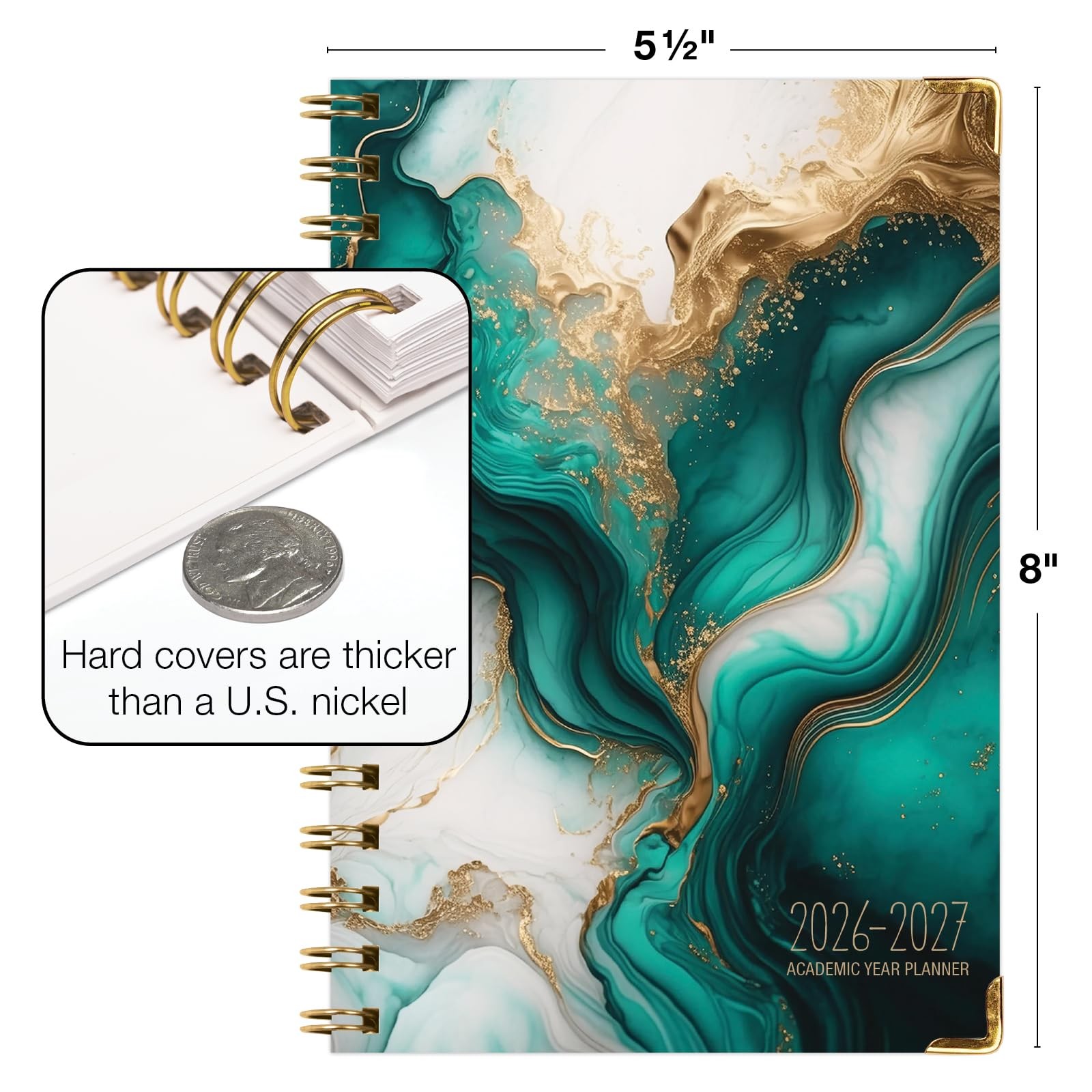 HARDCOVER Academic Year 2026-2027 Planner: 14 5.5″ x 8″, Teal Gold Marble