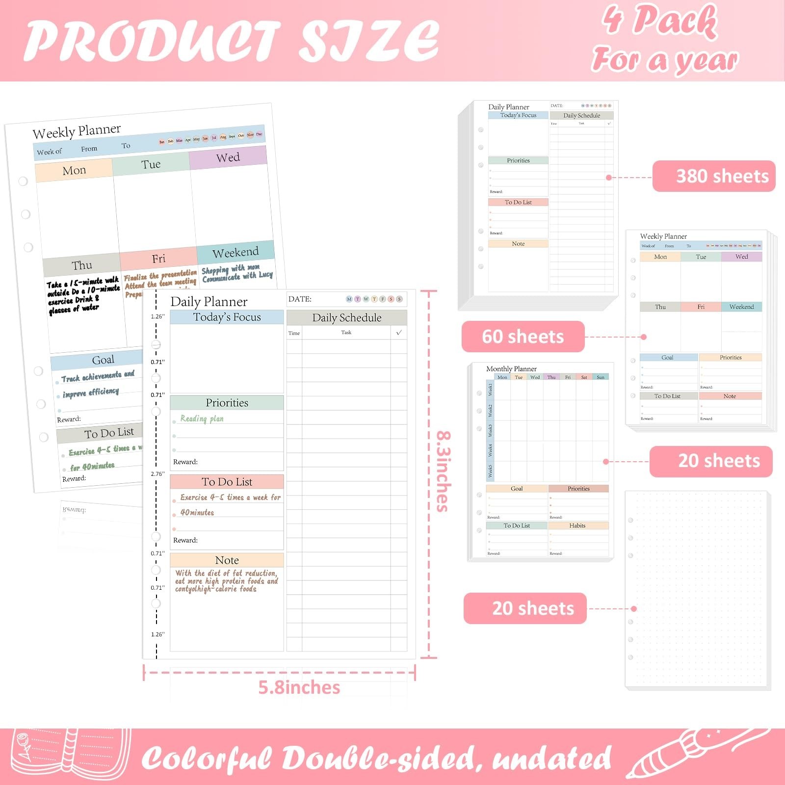 A5 Planner Refill Pages – 480 Sheets Daily Weekly Monthly Inserts, 120 GSM, Colo