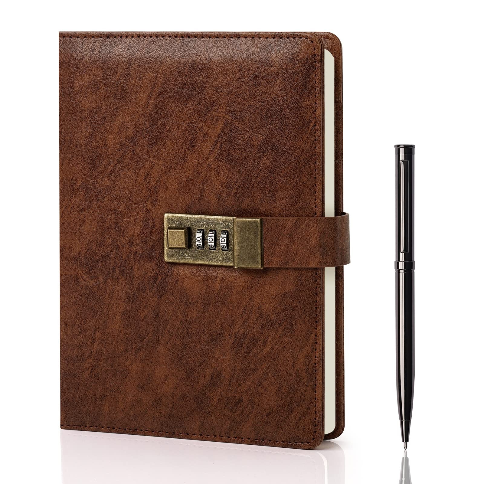 WEMATE Diary with Lock, A5 PU Leather Journal A5（5.8 x 8.6inch）, Brown