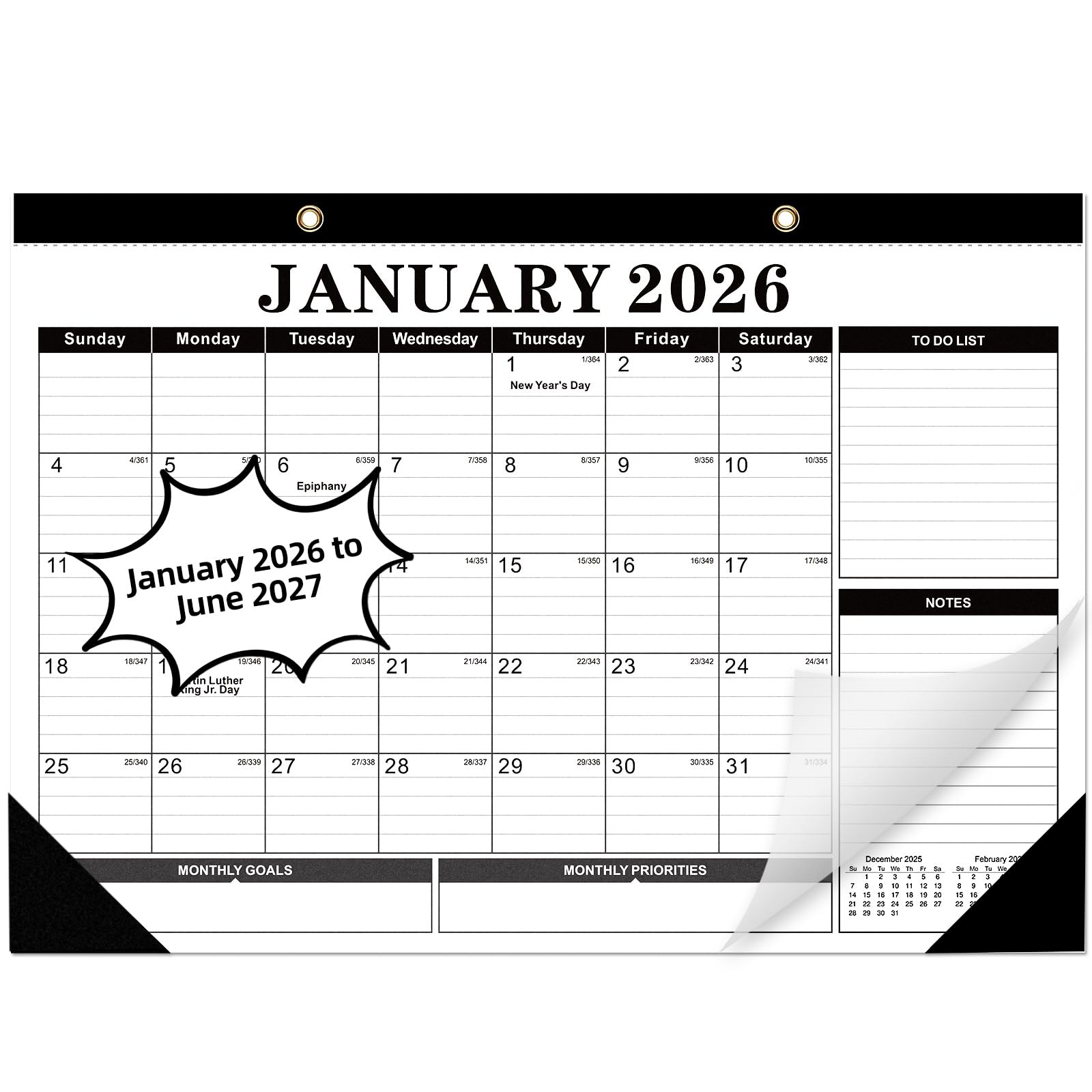 Tcamp 2026 Calendar, Desk Calendar 17″x12″(Jan 2026-Jun 2027), Black+White