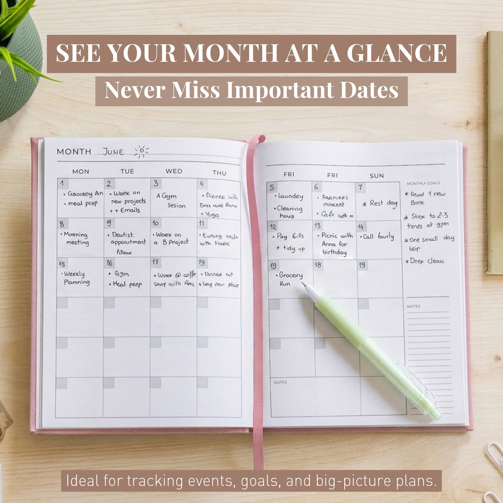 Rileys & Co Undated Daily Planner 8 x 6 in, Day Schedule 8 x 6 inches, Pink
