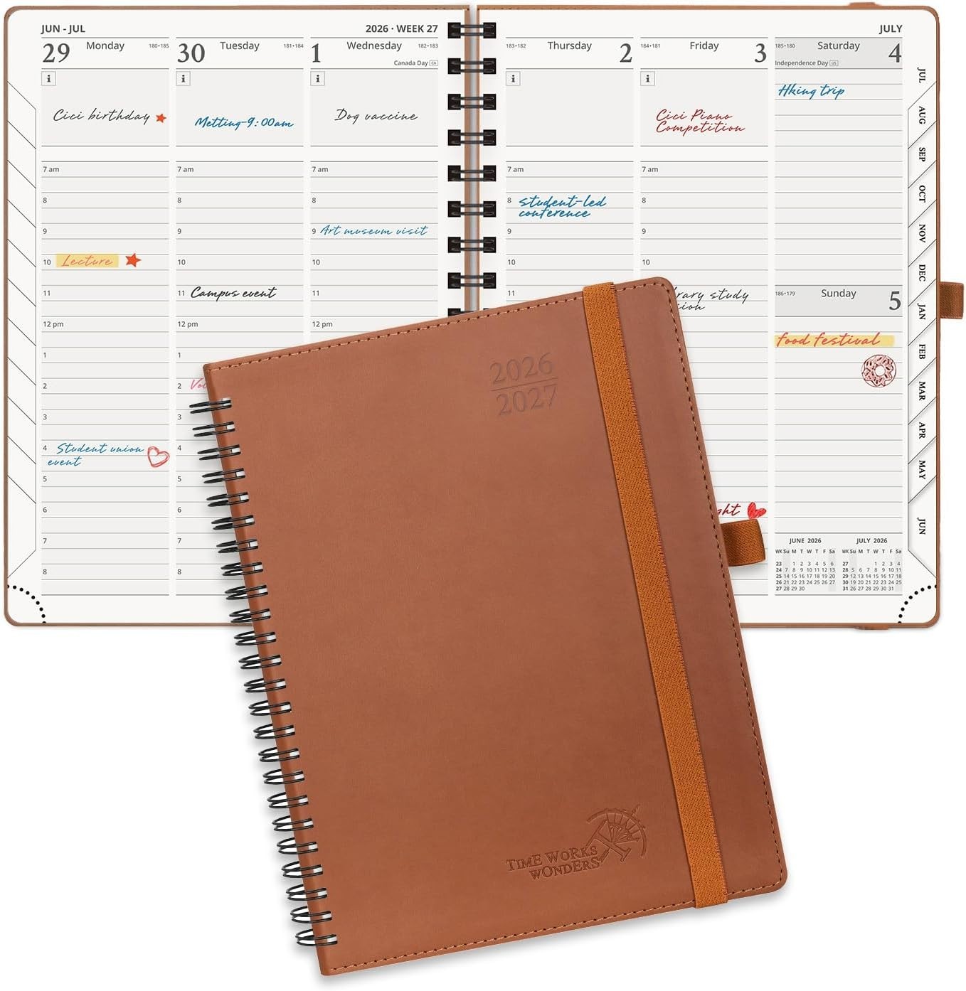 2026-2027 Academic Planner Medium 6.5×8.5 Spiral Leather Cover Brown