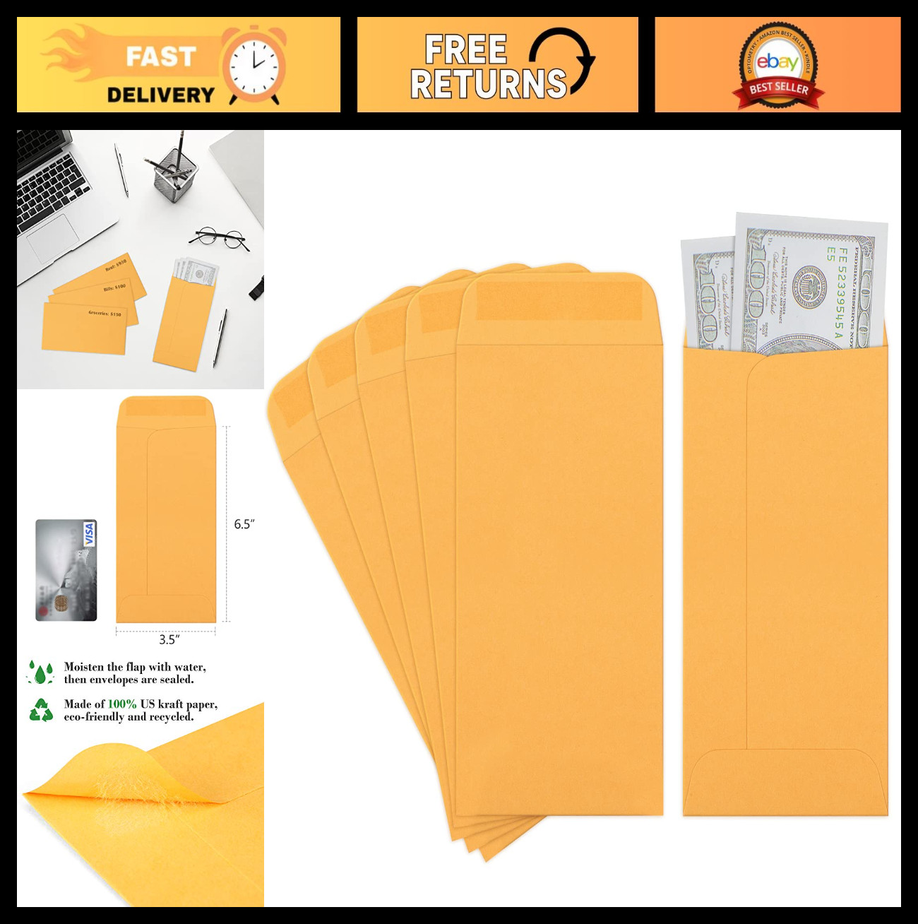 100 Pack Brown Kraft Coin Envelopes 3.5×6.5 – Gummed Flap for Cash, Seeds, Budge