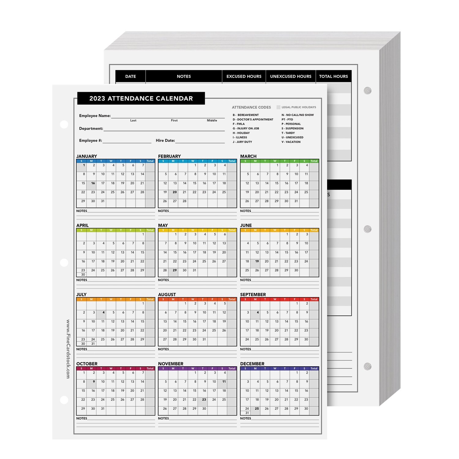 2023 Attendance Calendar Cardstock, Employee Work Tracker, 8.5 x 11, 50 Qty
