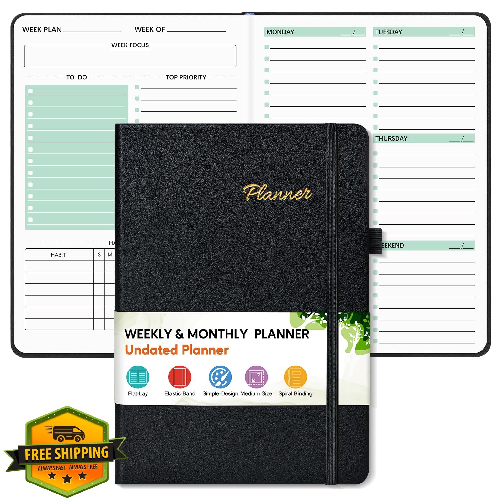 UEBZFOCS Black Leather Undated A5 Planner Hardcover