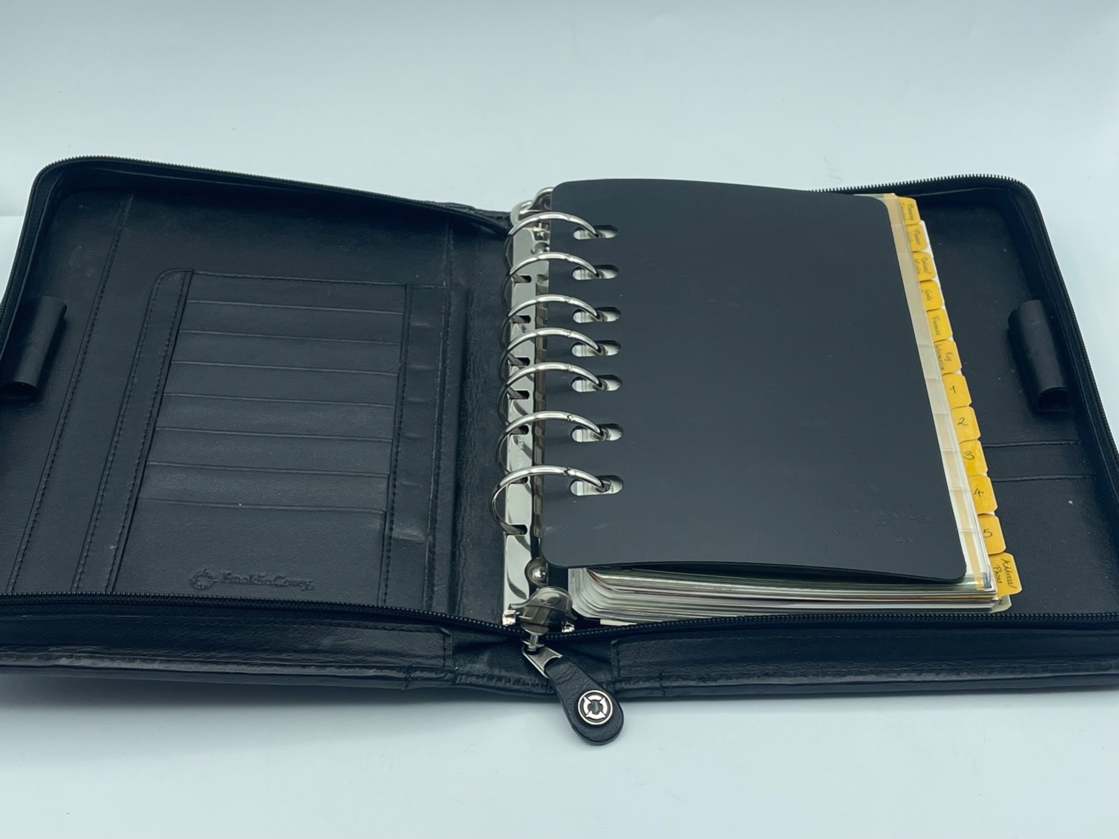 Vtg Franklin Covey 7 Ring Nappa Black Leather Zip Binder Style#CL 12215 inserts