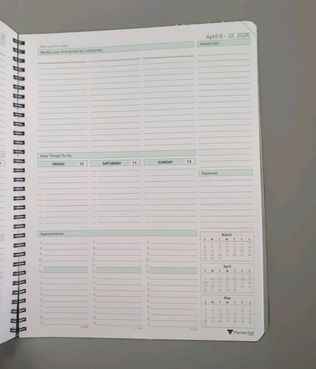 NEW Planner Pad EXCD26 Spiral Bound Jan-Dec 2026 3 TIER ORGANIZER 8 1/2x 11 blk