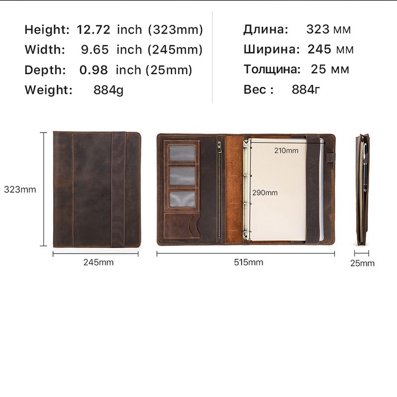 A4 Leather Portfolio 4 Ring Binder Business Notebook Organizer Document Case