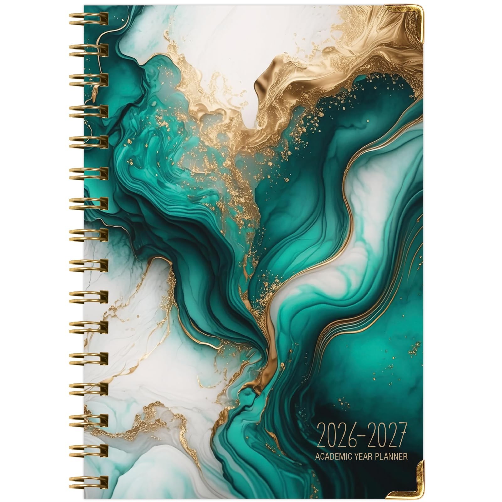 HARDCOVER Academic Year 2026-2027 Planner: 14 5.5″ x 8″, Teal Gold Marble