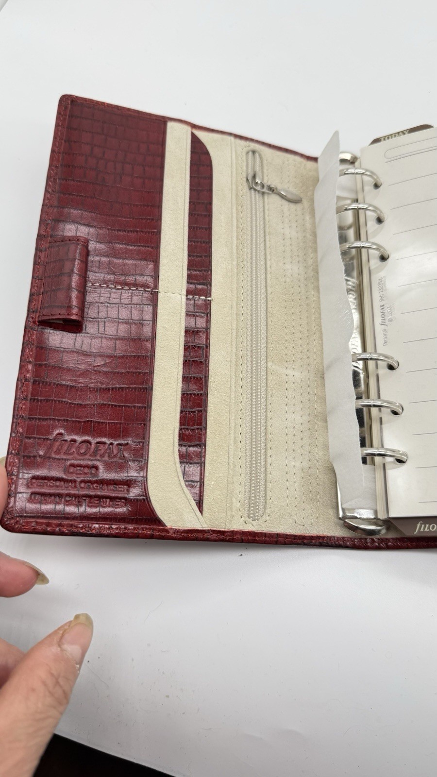 Filofax Ruby red Deco Personal size planner Organizer Italian Leather Croc. Embo