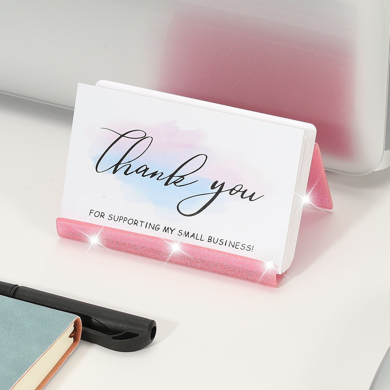 Business Card Holder for Desk, 2Pcs Acrylic Card Holders Shine, Pink/Purple