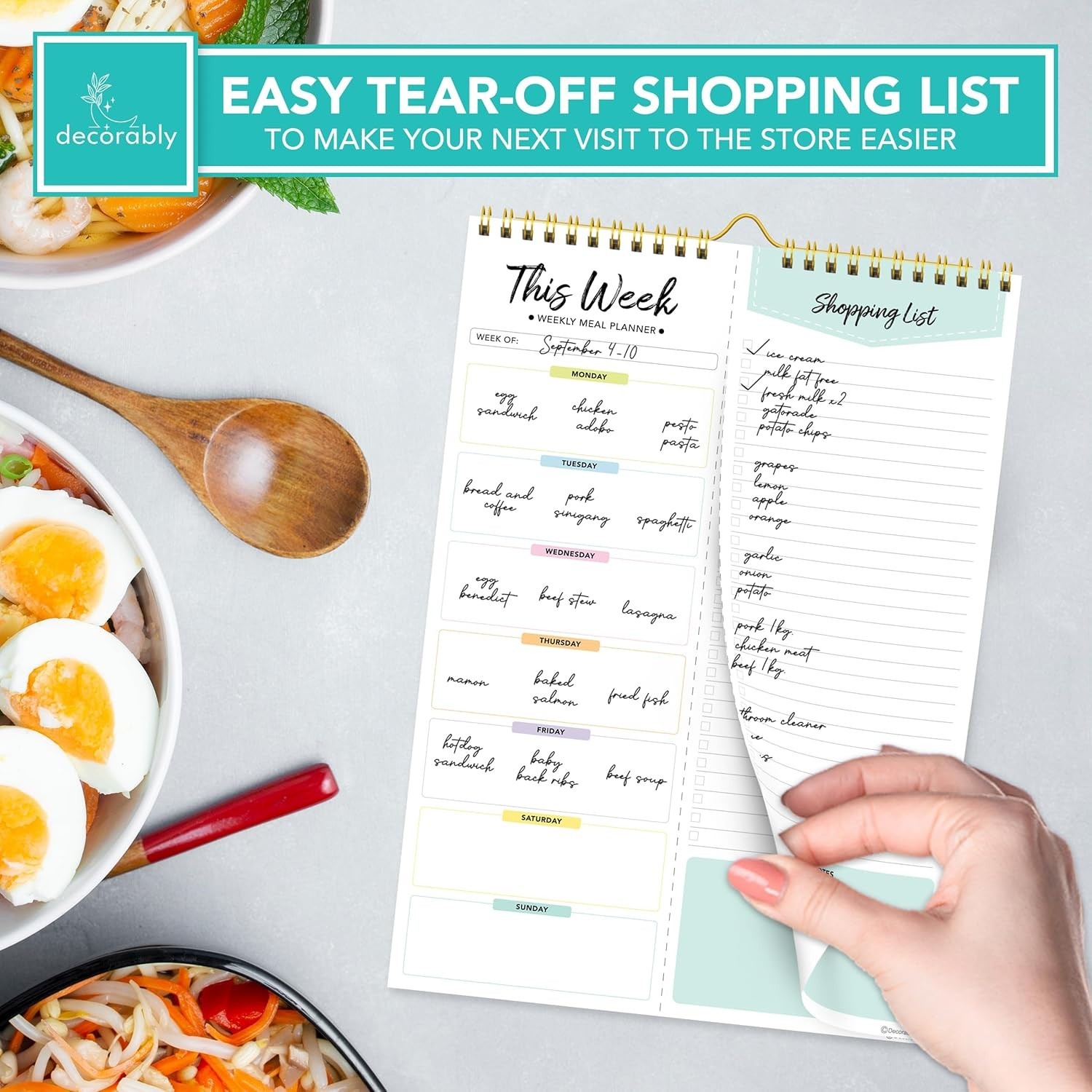Pastel Rainbow Undated Weekly Meal Planner Notepad with Grocery List, 52 Sheets