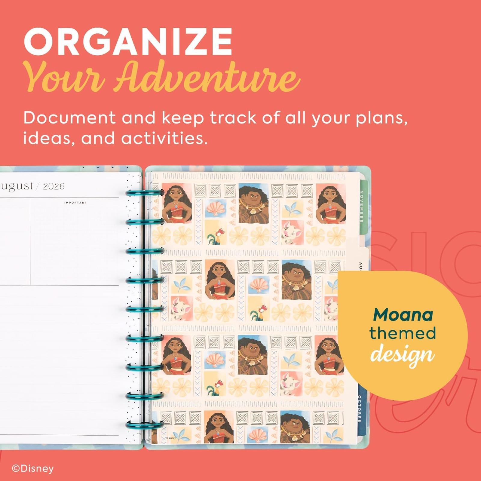 Disney Moana Planner 12 Month Disc Bound Classic Size Vertical Layout July 2026