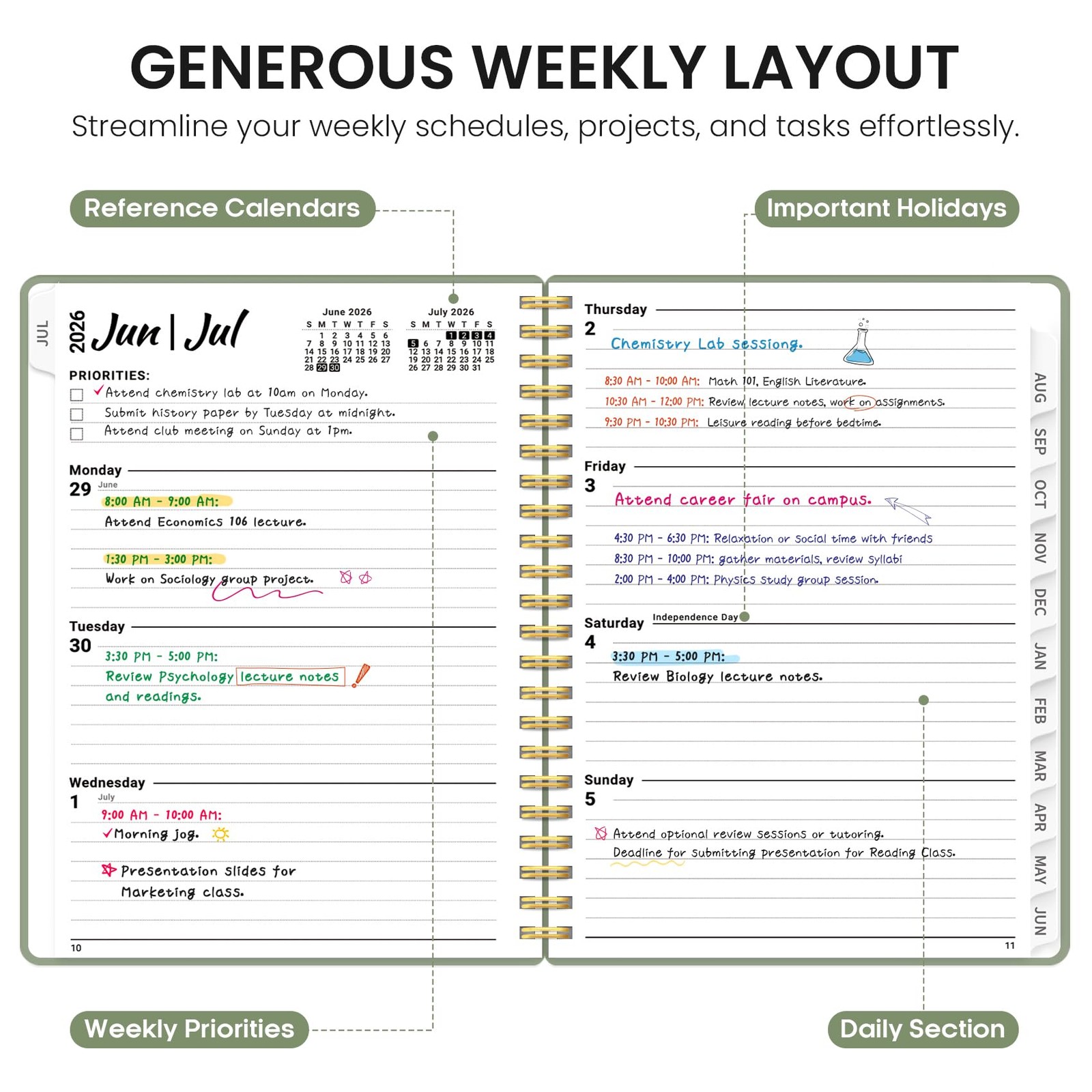 Planner 2026-2027, 8.5″ x 11″ Weekly and Monthly A4(8.5″x11″), A-Green