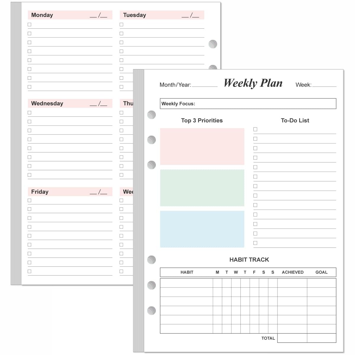 Weekly Planner Refills for A5 Binders – 53 Sheets/106 Pages 1-Pack, Colorful