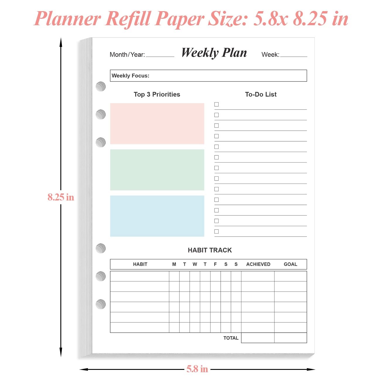 Weekly Planner Refills for A5 Binders – 53 Sheets/106 Pages 1-Pack, Colorful