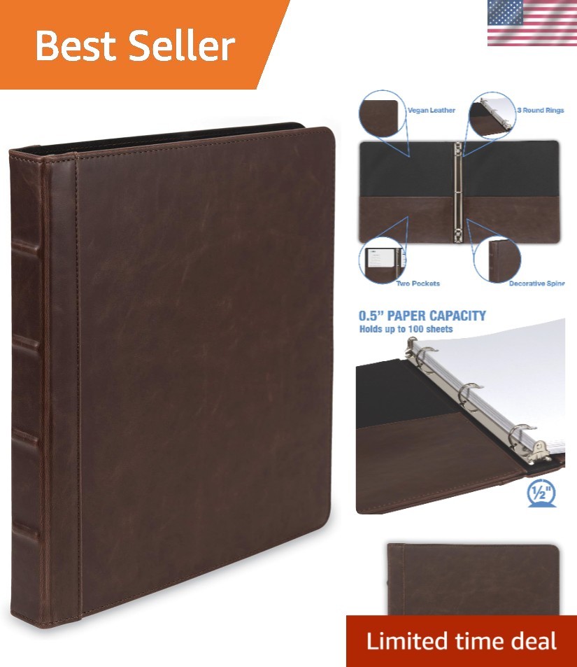 Durable Vintage Leather Binder with Multi-Pockets, 0.5 Inch Rings, 8.5×11 Size