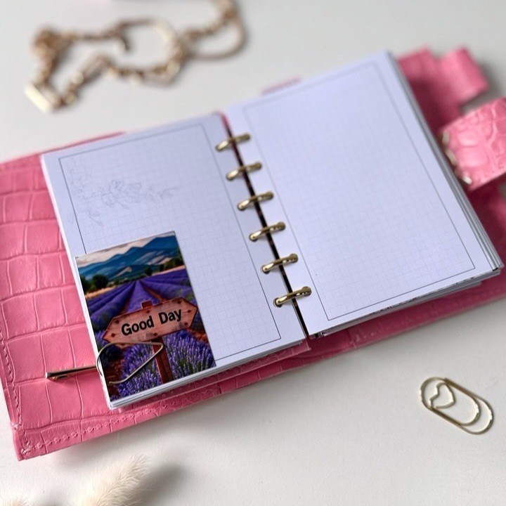 Owl Leather Mini Planner Set – Pocket Size A7 binder 6 rings– pink Croc Embossed