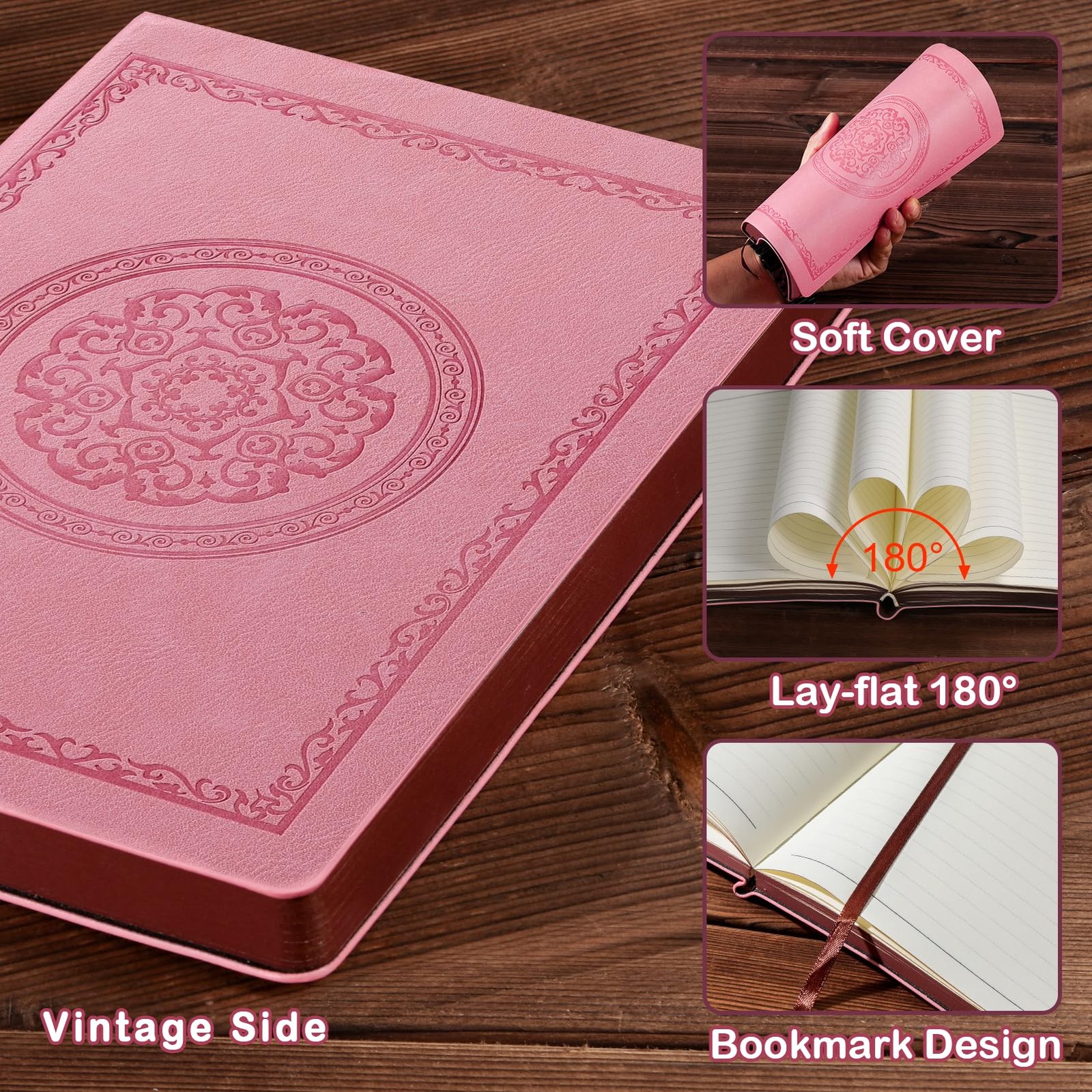 Fetinar 2026 Leather Vintage Journal Notebook,300 Pages,Leather Pink