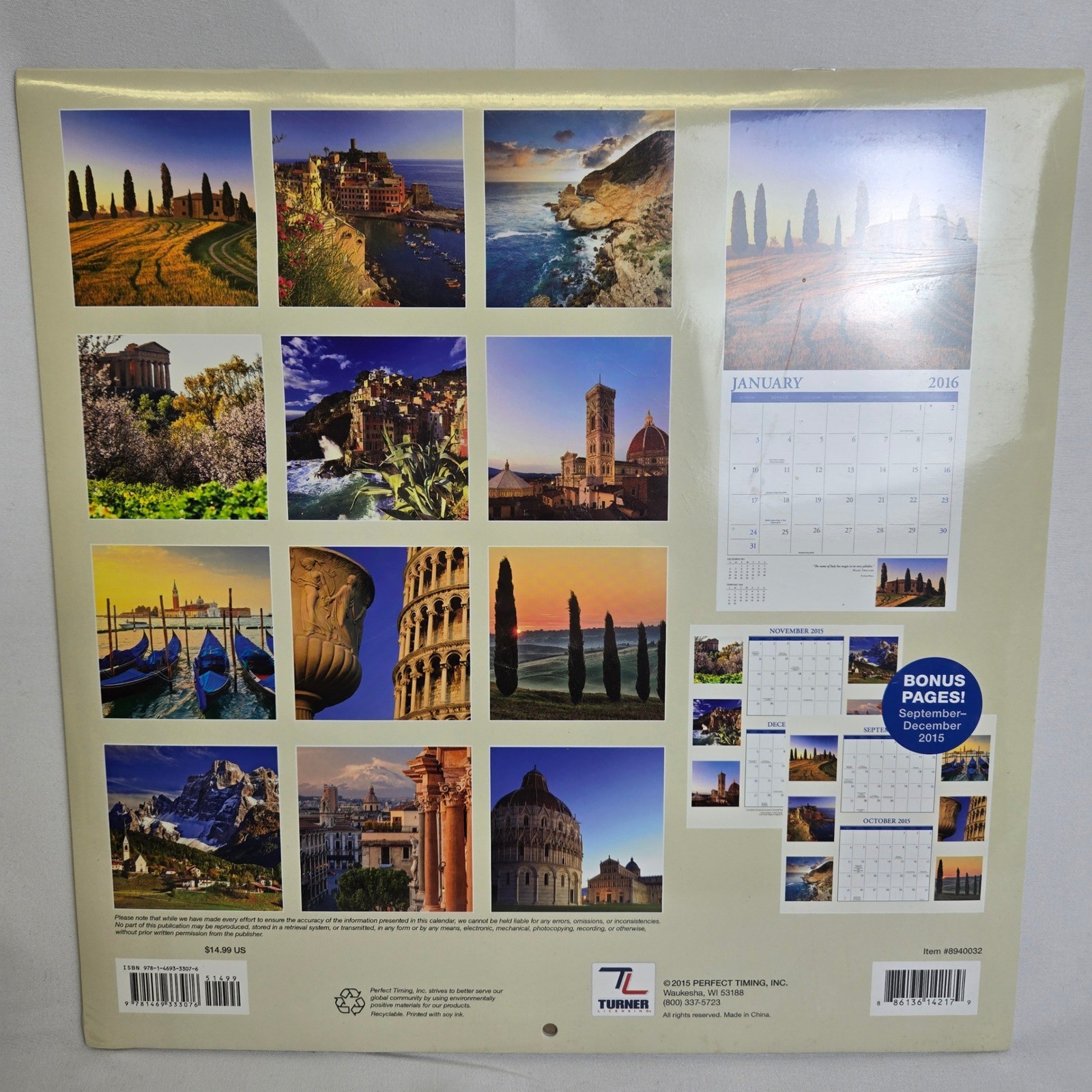 2016 Italy Wall Calendar, 12″ x 12″, 8940032, New Sealed