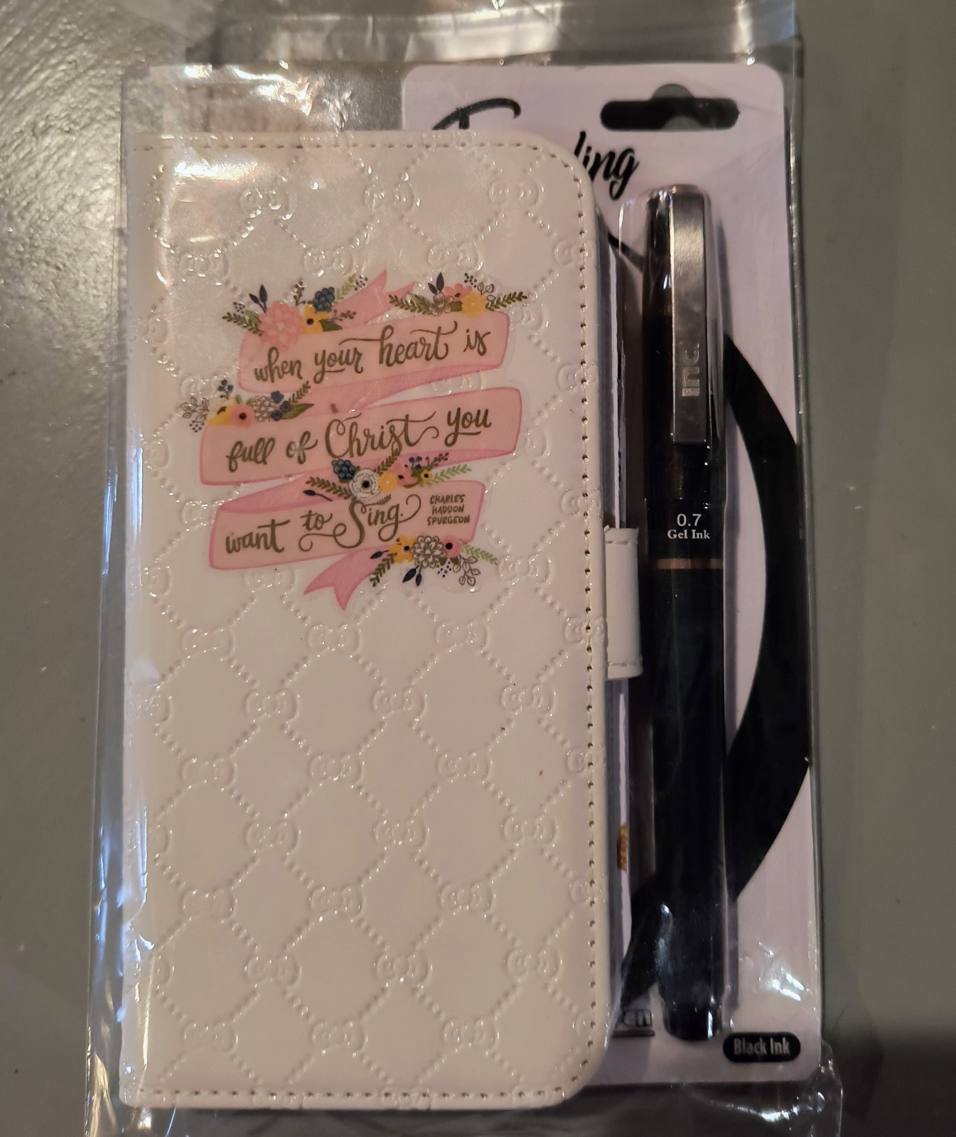 small upcycled phone case junk journal white religious theme with pen