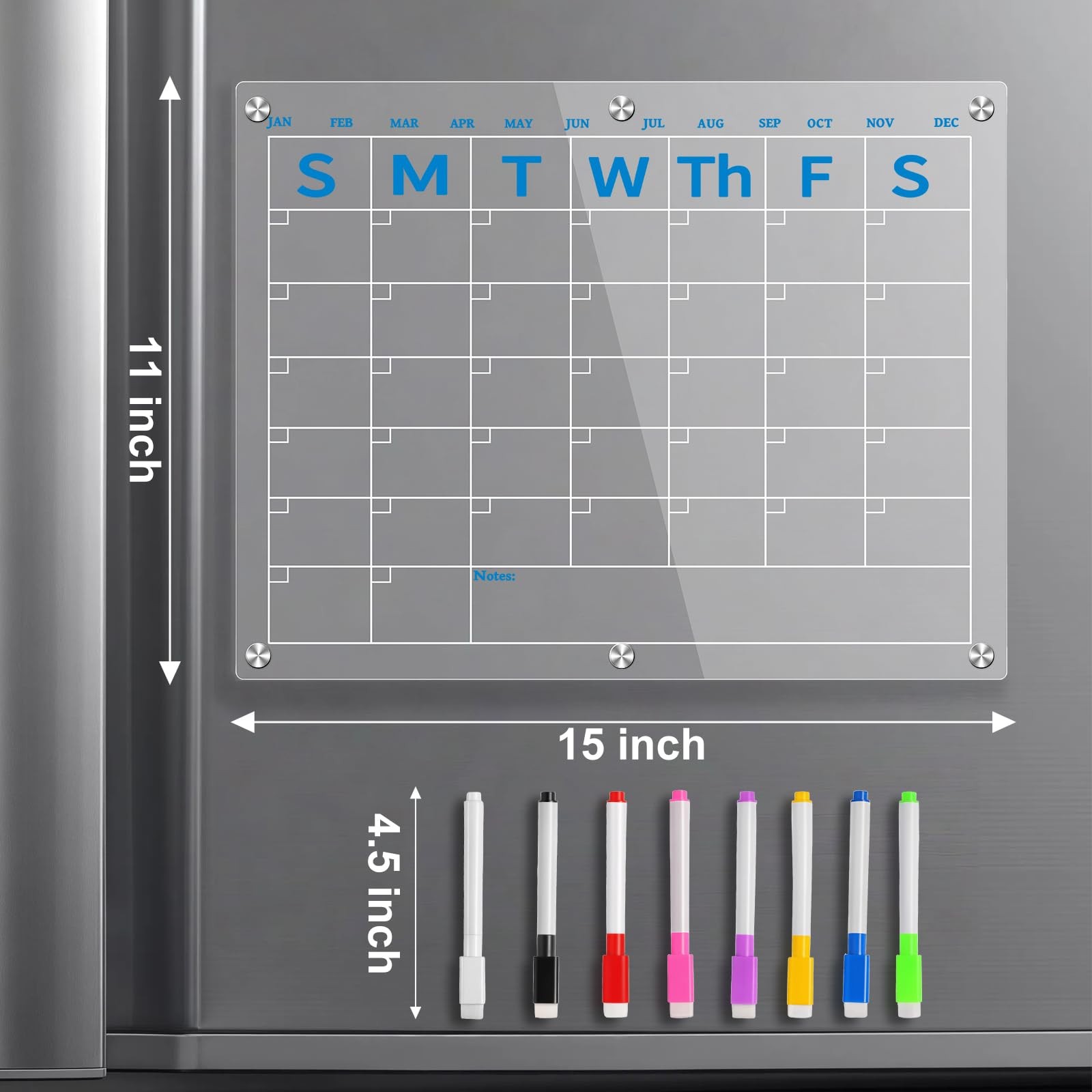 15×11 Inch Magnetic Acrylic Calendar for Fridge Refrigerator Meal Planner