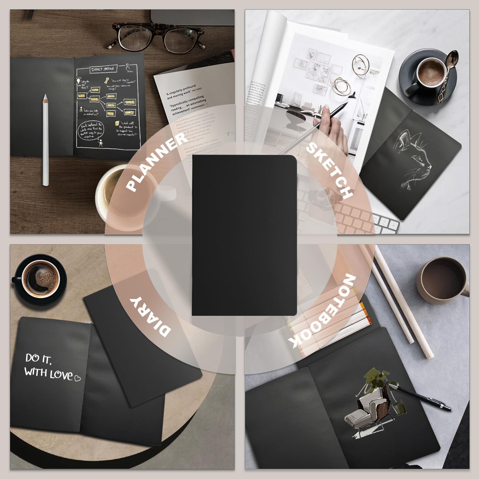 A5 Black Paper Notebook,100 Sheets/200 Pages,120gsm Paper, Black Hardcover Jo…