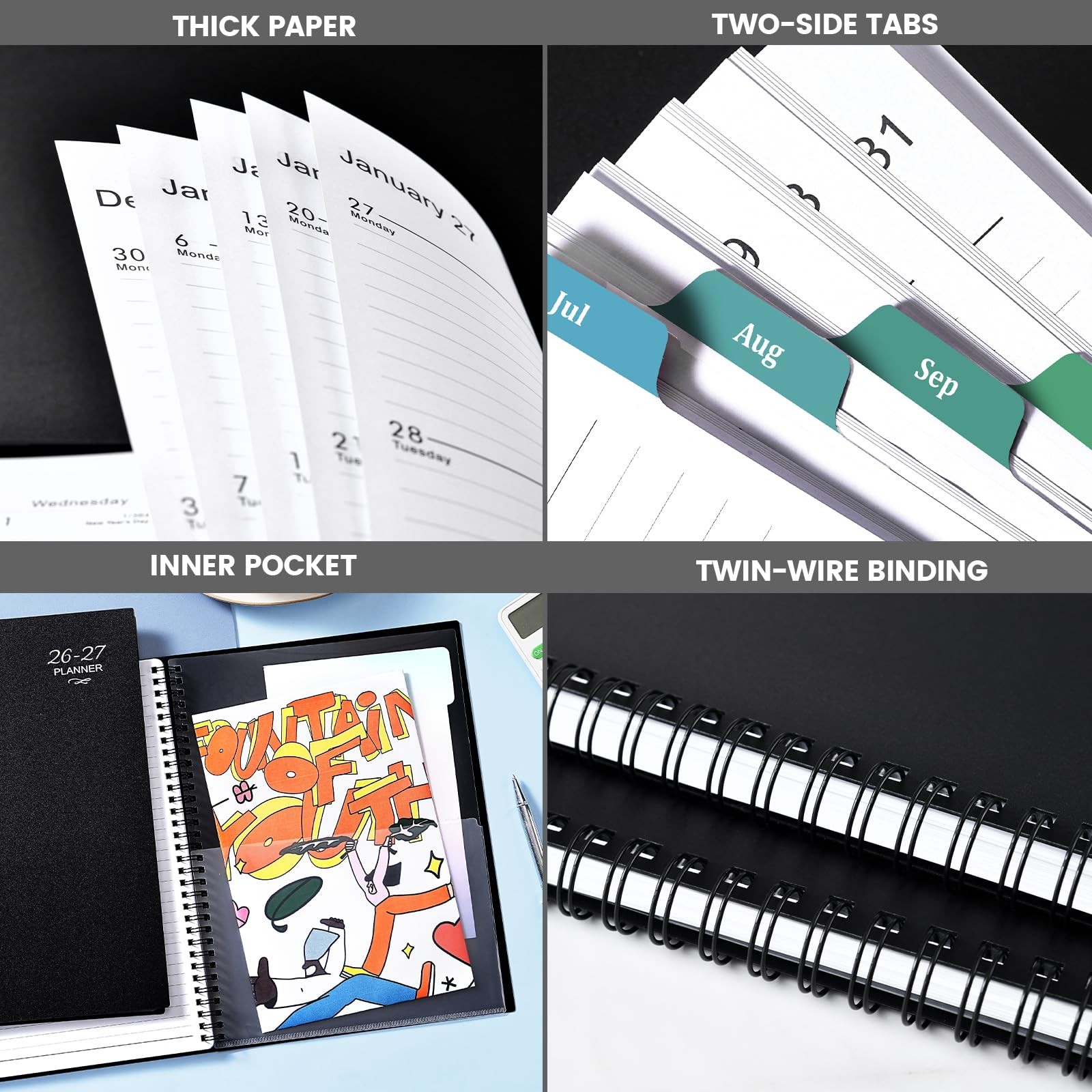 2027 Weekly Monthly Planner 9×11 Black Waterproof Cover Colorful Tabs