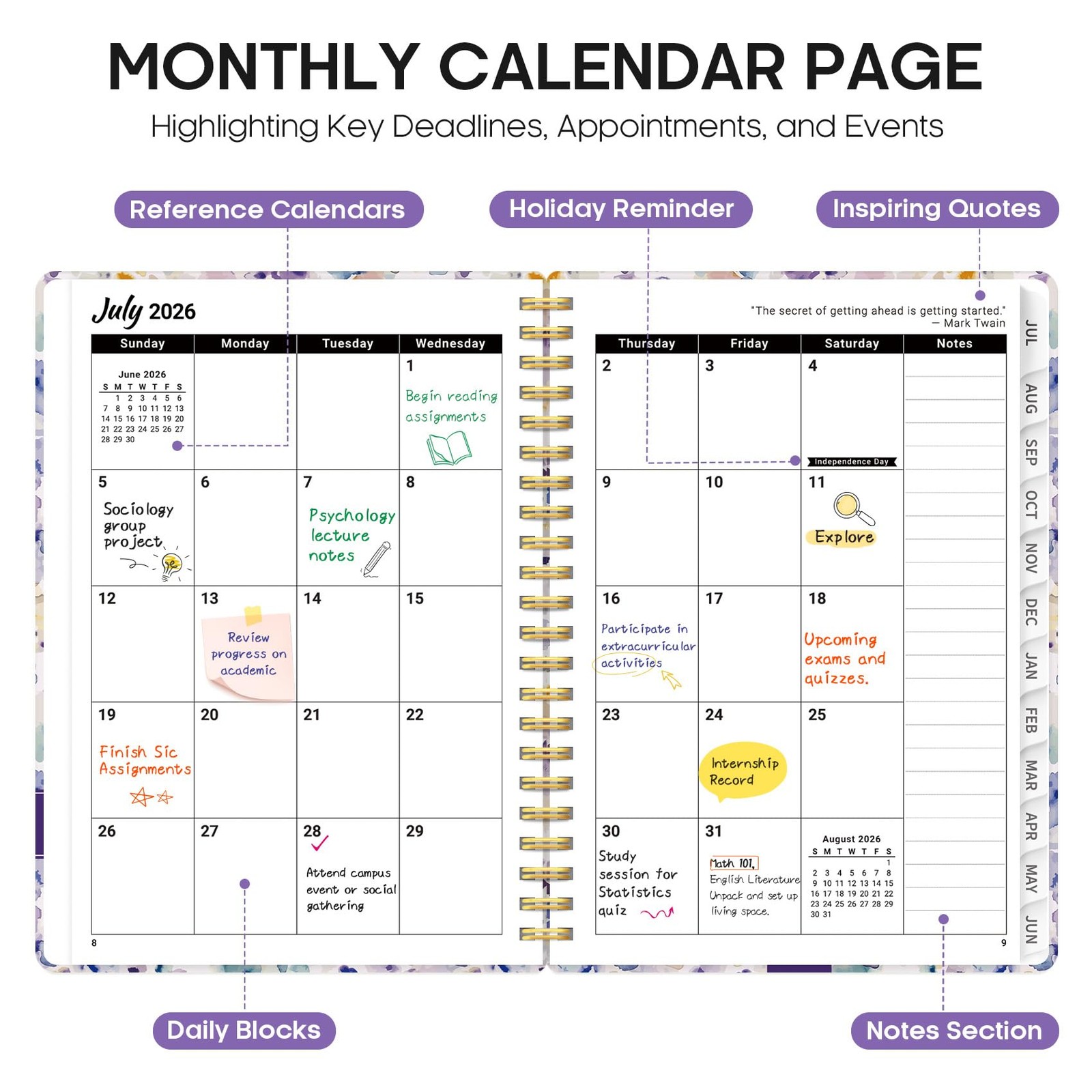 Planner 2026–2027, Academic Year Monthly & (6.3″x8.5″)a5, A-Purple Blocks